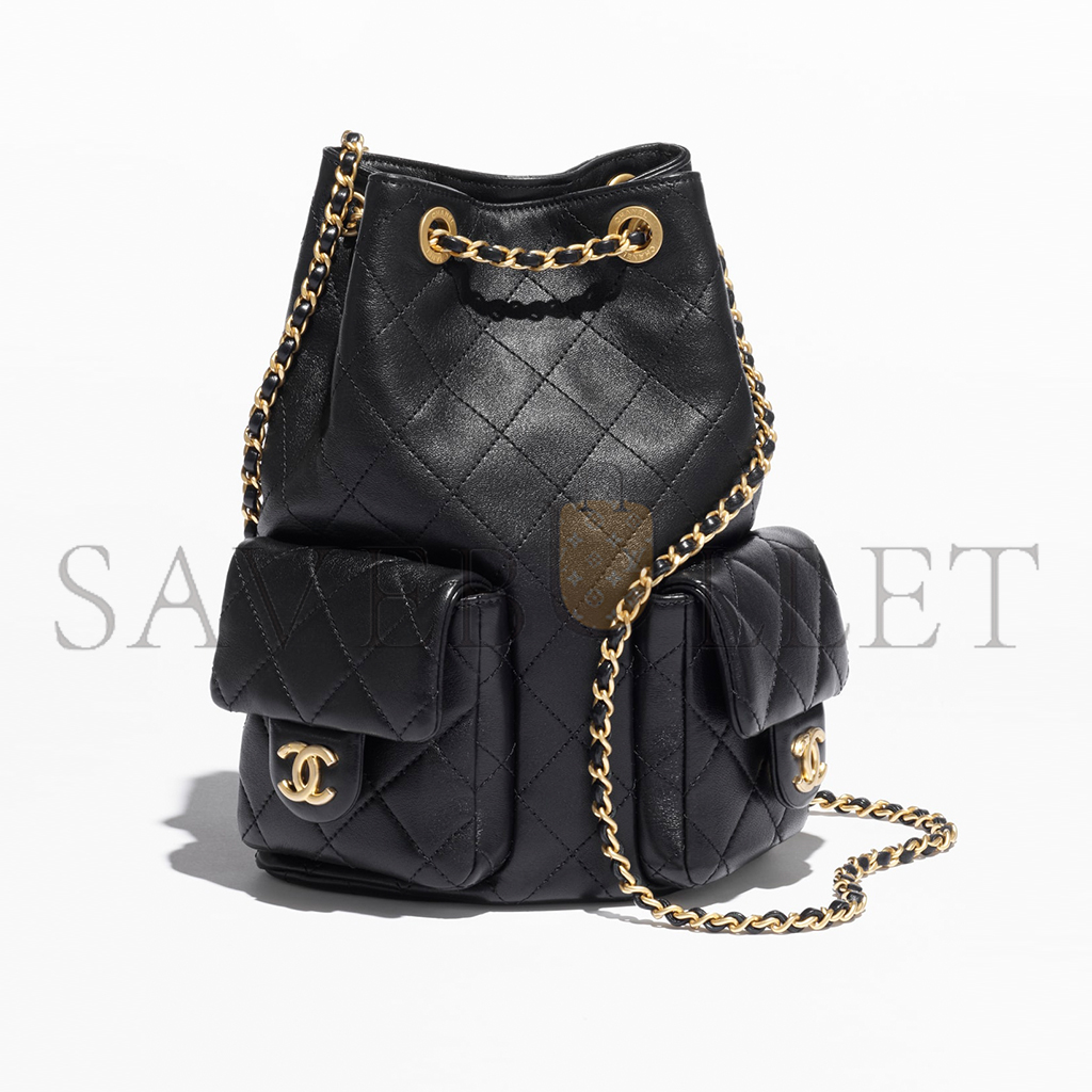 CHANEL BLACK BACKPACK SHINY LAMBSKIN & GOLD-TONE METAL AS5310 (24.3*18*7.8cm)